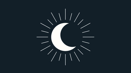 Celestial Crescent Radiance: An elegant crescent moon shines brightly amidst a starburst of radiant lines, set against a deep, mesmerizing dark background.