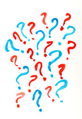 Red and blue question marks drawn with watercolor paint	