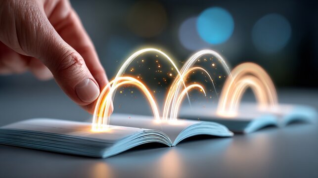 Three alternative future paths projected as soft glowing arcs above notebook, consultant hand selecting middle path, dark office blur