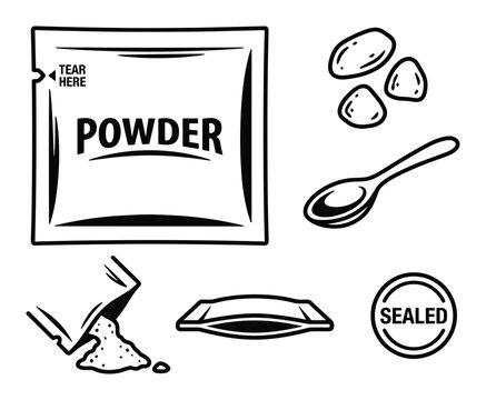 Powder packaging items, tear here sachet, pouring powder, spoon, sealed icon, supplement concept, graphic set.