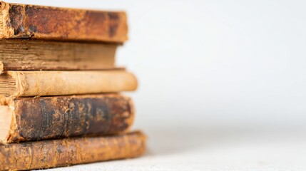 Old books stacked on a table with a simple background in a quiet room