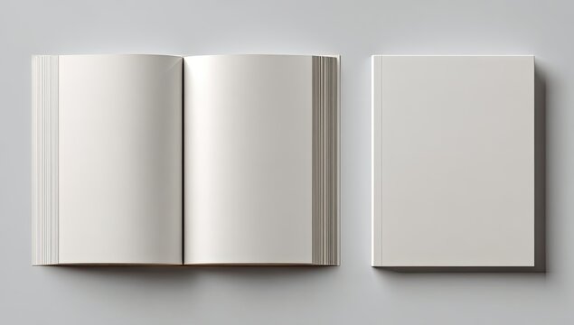 Open book spread, blank pages beside a closed, matching book on white