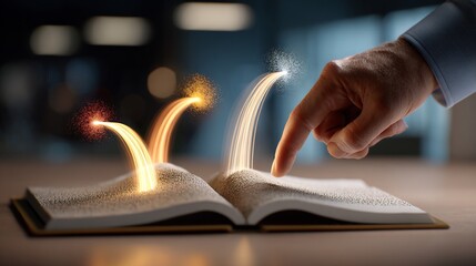 Three alternative future paths projected as soft glowing arcs above notebook, consultant hand selecting middle path, dark office blur