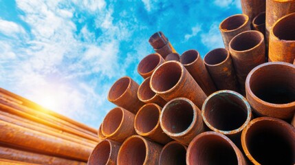 Rusty pipes stacked under a bright blue sky during daylight hours