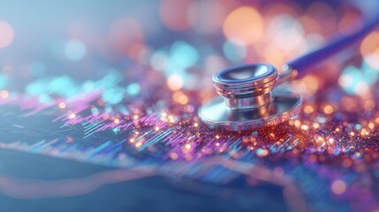 Stethoscope placed on colorful data visualization at a medical research facility