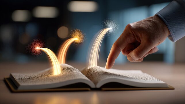 Three alternative future paths projected as soft glowing arcs above notebook, consultant hand selecting middle path, dark office blur