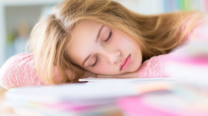 Young girl sleeps on desk while studying in bright room during daytime