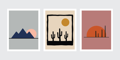 Boho Desert Landscape Poster Set, Minimalist Sunset, Mountain and Cactus Wall Art