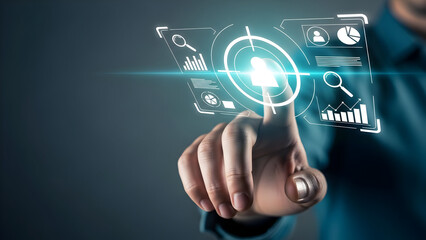 A hand interacts with a glowing futuristic interface displaying data analysis and user icons