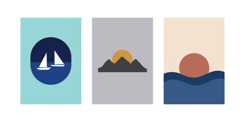 Minimalist Coastal and Mountain Sunset Poster Set of Sea Wave and Sailboat