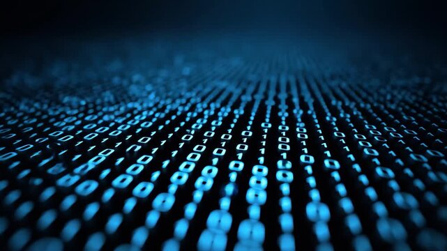 Blue binary code appears in a deep perspective view, creating a sense of depth and digital energy in a high-tech environment