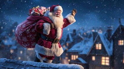 Santa waves from the rooftop with a bag of gifts during Christmas night in a snowy village