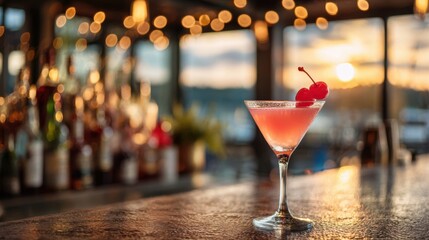 A refreshing pink cocktail with cherries sits on a bar counter at sunset