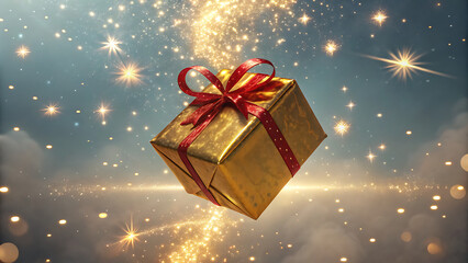 Elegant White Gift Box with Golden Ribbon and Festive Confetti