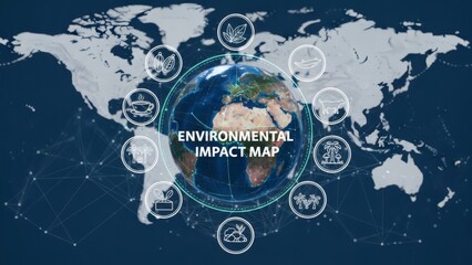 Global supply chain mapping digital earth with circular commodity impact icons on world map.