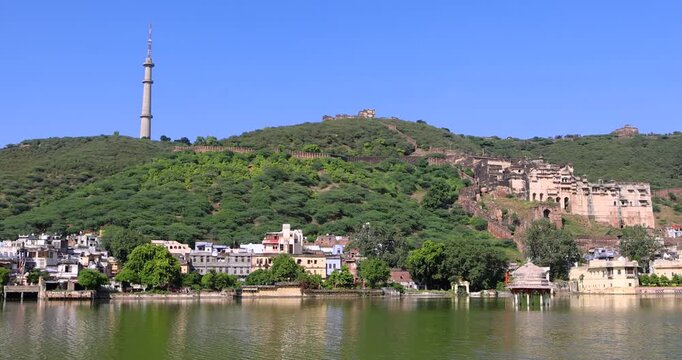 Historic Bundi cityscape,Historic Taragarh Fort is gigantic architecture nestled in Bundi district