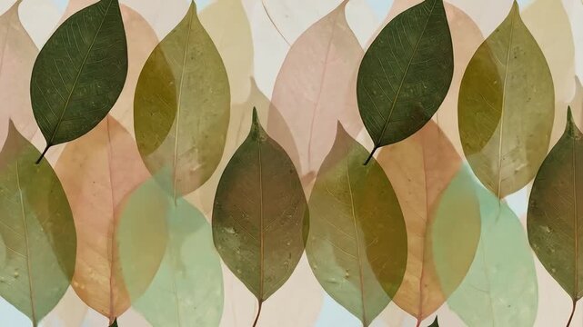 Overlapping leaves with varied green, beige, and pink hues, creating a layered, artistic pattern