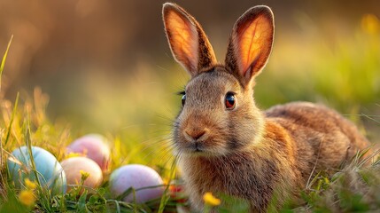 A cute rabbit sits in lush grass near colorful eggs, embodying a serene spring scene filled with nature's vibrancy.