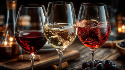 Wineglasses of red and white wine standing side by side in the corner over an abstract rustic brown background with copy space
