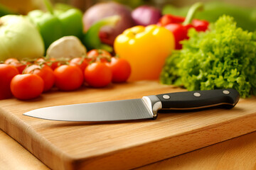 Kitchen knife rests on wooden chopping board with fresh vegetables in kitchen Generative AI