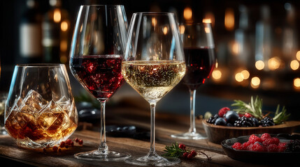Wineglasses of red and white wine standing side by side in the corner over an abstract rustic brown background with copy space