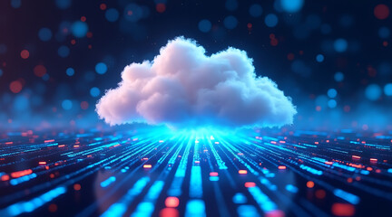 Abstract digital cloud formation with glowing data streams and a futuristic technology background