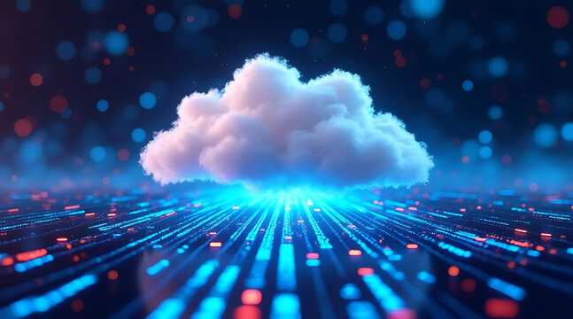 Abstract digital cloud formation with glowing data streams and a futuristic technology background - Powered by Adobe