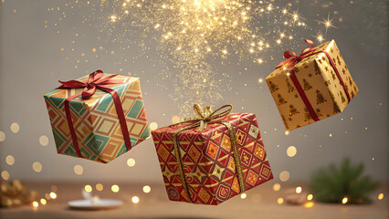 Premium Gift Packaging with Gold Ribbon and Festive Atmosphere