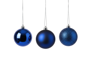 Three blue christmas ornaments hanging in a line, featuring different textures including shiny, matte, and glitter finishes
