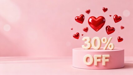 3D illustration of pink podium with floating red hearts and discount text, symbolizing Valentine's Day promotions and love-themed sales for romantic celebrations