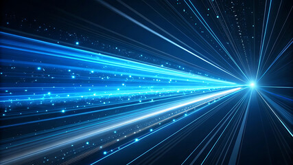 Abstract digital tunnel with bright blue light streaks suggesting speed and futuristic technology concepts