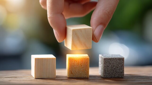 Three height-comparison blocks on desk with center block glowing higher, analyst hand aligning lowest block, soft daylight, shallow depth of field, 4k