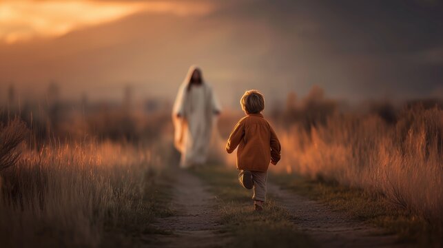 Fototapeta Child runs towards Jesus in a sunset landscape with warm colors and soft shadows in a natural setting
