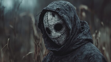 Person in mask stands in a field