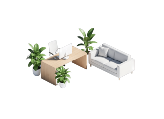 Modern Office Interior with Desk, Sofa, and Plants