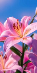 Fototapeta premium Pink lilies blooming under a bright clear sky, their petals sparkling in the sunlight to create a romantic and joyful atmosphere