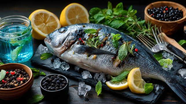 Fresh sea bream or dorade cooling on crushed ice with lemon and herbs waiting to be cooked for a delicious seafood dinner, view from above on slate