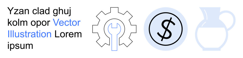 Business tools, financial planning, industrial settings, e-commerce, economy, product manufacturing. Gear symbol with wrench, currency sign and jug outline. Business tools and financial planning