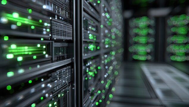Server room interior with green lights, rack rows in focus and out of focus