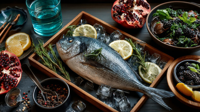 Fresh sea bream or dorade cooling on crushed ice with lemon and herbs waiting to be cooked for a delicious seafood dinner, view from above on slate