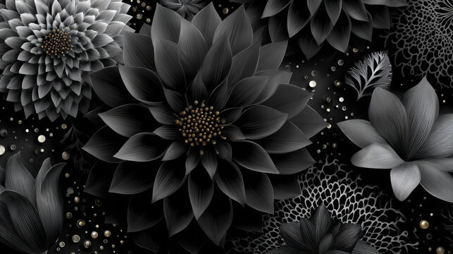Design gift wrapping paper, greeting cards, posters and banner design. Flowers on black, white and brown colors. Flat flowers seamless pattern.