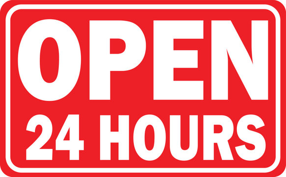 A red rectangular sign with rounded corners displaying "OPEN 24 HOURS" in bold white capital letters.