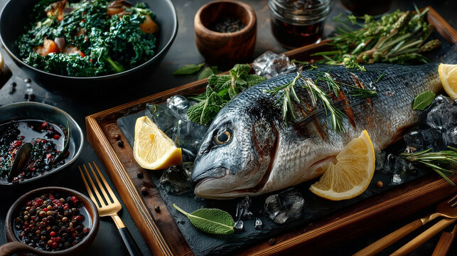 Fresh sea bream or dorade cooling on crushed ice with lemon and herbs waiting to be cooked for a delicious seafood dinner, view from above on slate