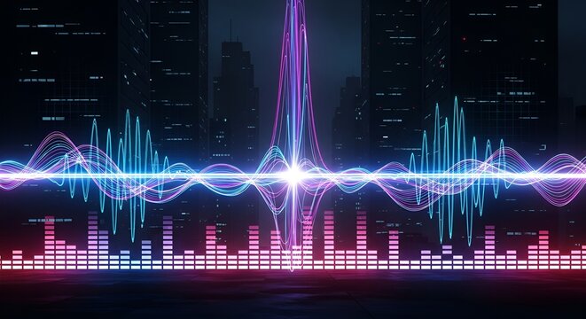 Neon sound wave cityscape with futuristic blue and pink lights - Powered by Adobe