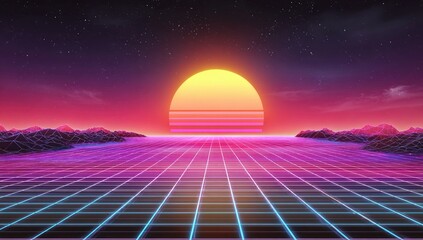 Retro sun, grid, and horizon evokes synthwave aesthetics