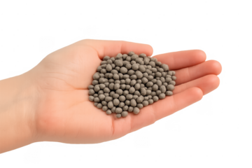 Hand holding organic granular fertilizer for plant growth