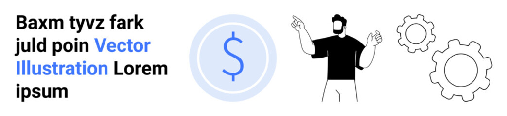 Financial growth, entrepreneurship support, business processes, technical planning, wealth creation, strategy implementation. Blue dollar icon, man gesturing gears in background. Financial growth