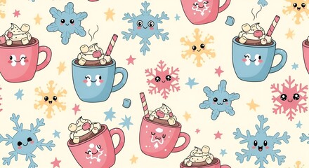 Cute cartoon hot chocolate mugs with smiling snowflakes and stars on festive background