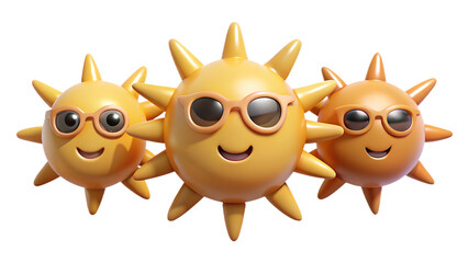 Fototapeta premium Sunshine Trio with Style: Playful cartoon sun characters donning sunglasses bring a touch of fun to a sunny day, radiating warmth and happiness.
