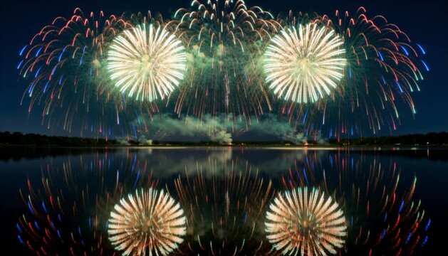 massive colorful fireworks perfectly reflected dead calm surface dark lake low angle shot hyper real clarity emphasizing reflection perfect for new year and christmas
